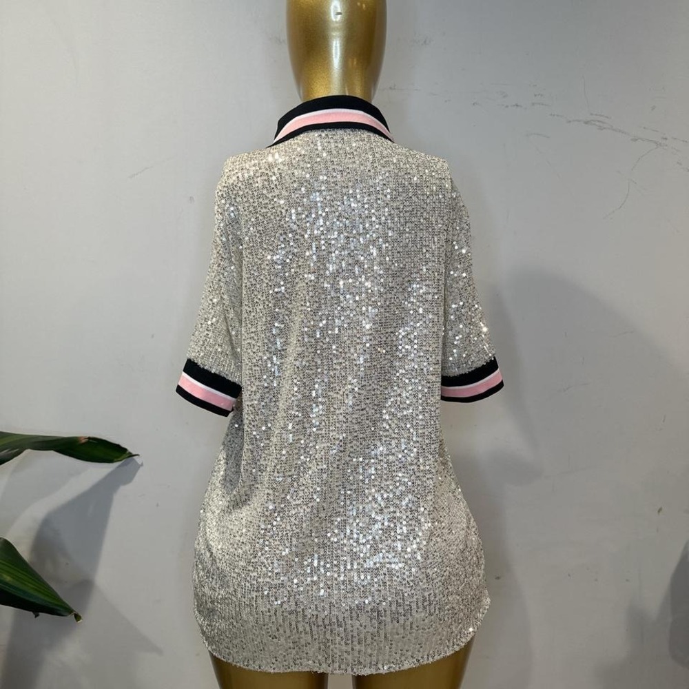 Silver sequin polo shirt with pink and black trim NEW LARGE - Picture 7 of 7